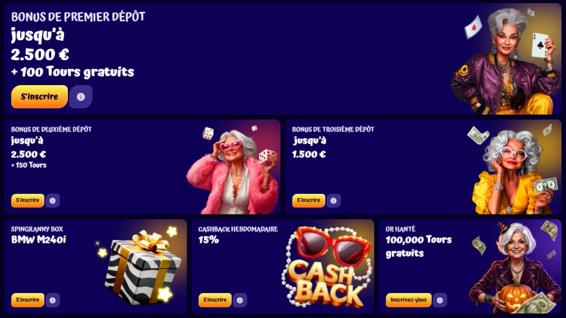 Fr Spin Granny offres de bonus avec tours gratuits et cashback hebdomadaire